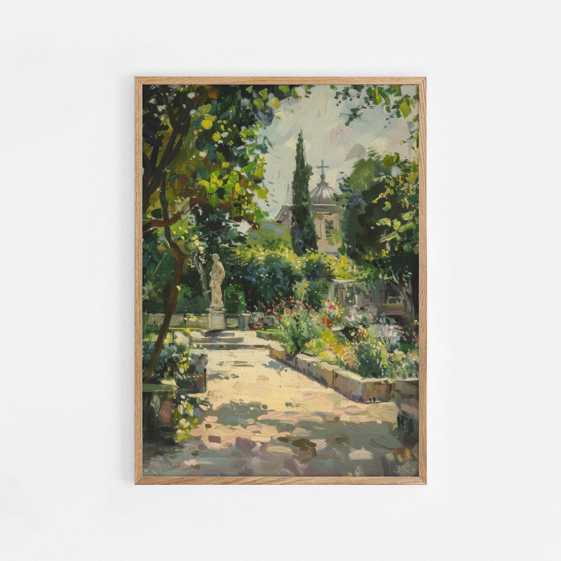 Sunlit Mediterranean Garden Statue Courtyard Painting Landscape Wall Art