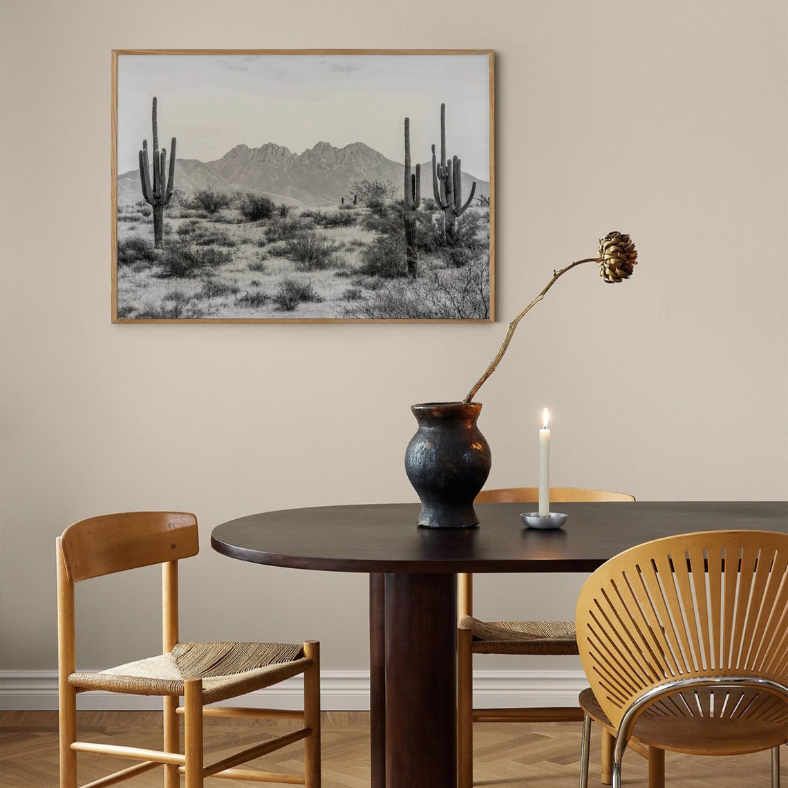 Saguaro Cactus Mountain Peaks Black And White Desert Photo Poster - Image 2
