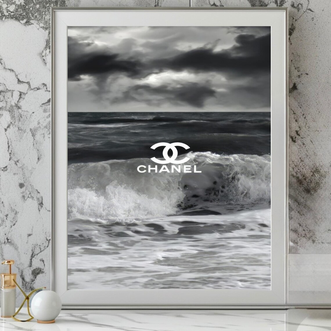 Chanel Logo Black And White Ocean Waves Stormy Surf Fashion Poster
