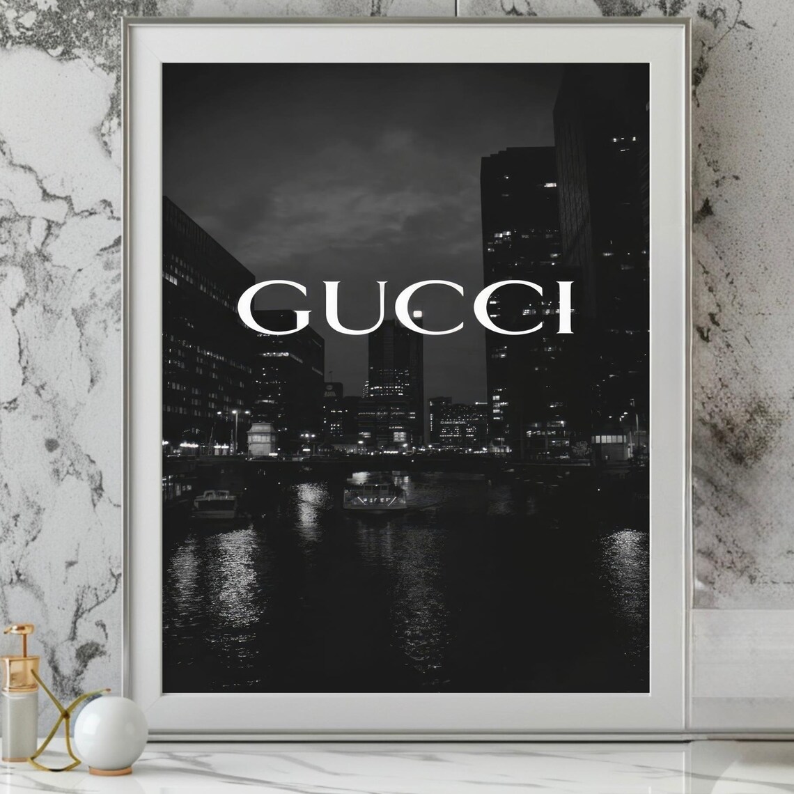 Gucci Black And White Night City Skyline Over Water Fashion Poster