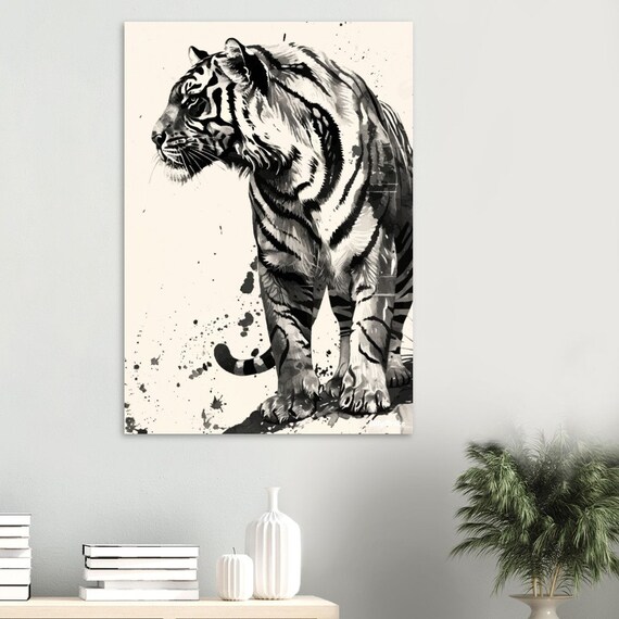 Monochrome Black Ink Tiger Striding Forward Illustration Poster