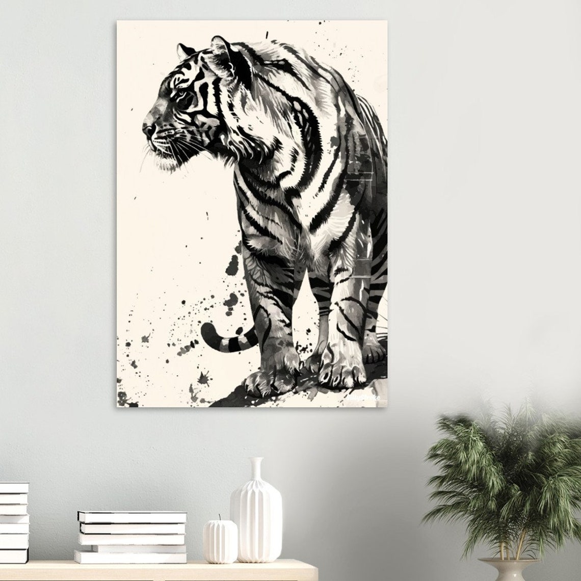 Monochrome Black Ink Tiger Striding Forward Illustration Poster