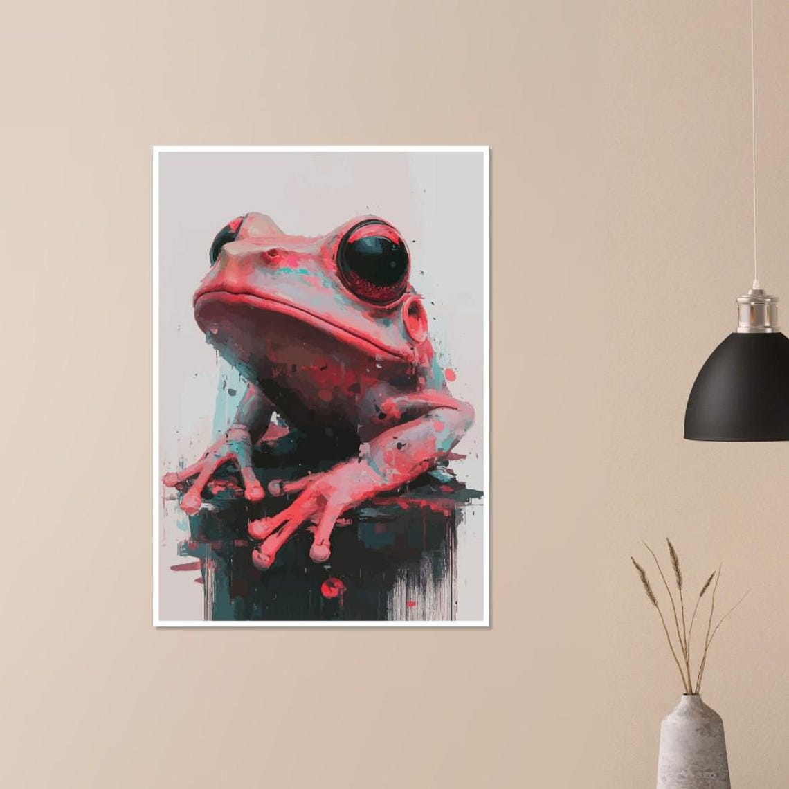 Neon Pink Frog Close Up With Teal Paint Splash Artwork Poster - Image 4