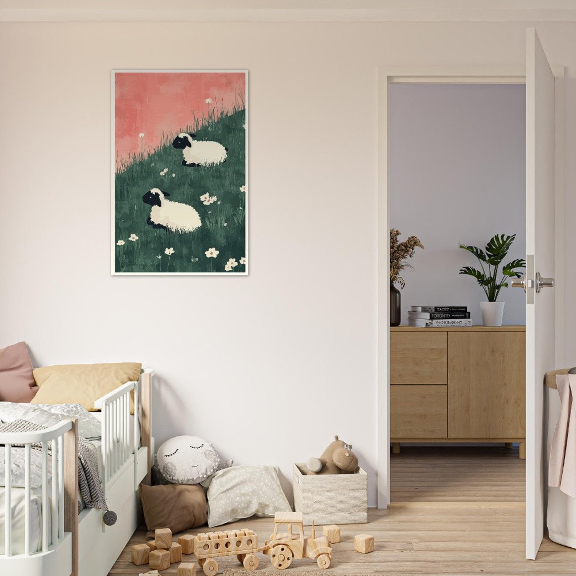 Two White Sheep Resting On A Green Flowering Meadow Art Poster