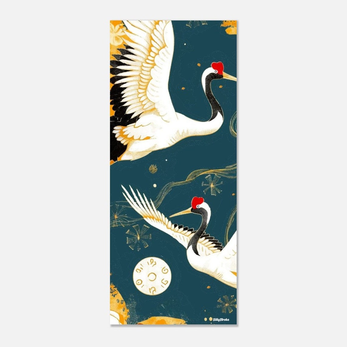 Red Crowned Cranes In Flight Elegant Teal And Gold Nature Poster - Image 2