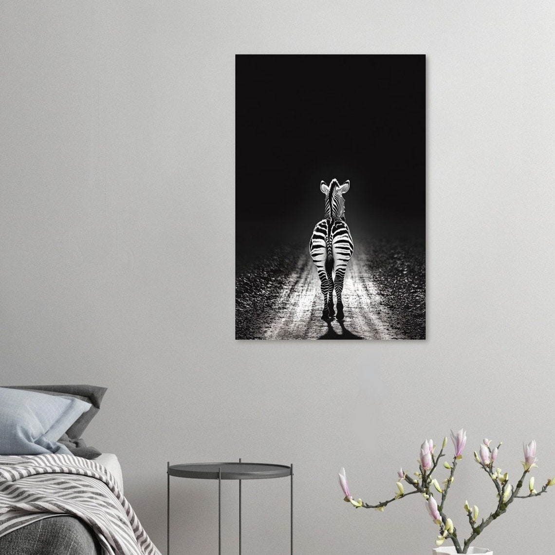 Zebra Walking Away On Dark Road Black White Photo Art Poster - Image 4