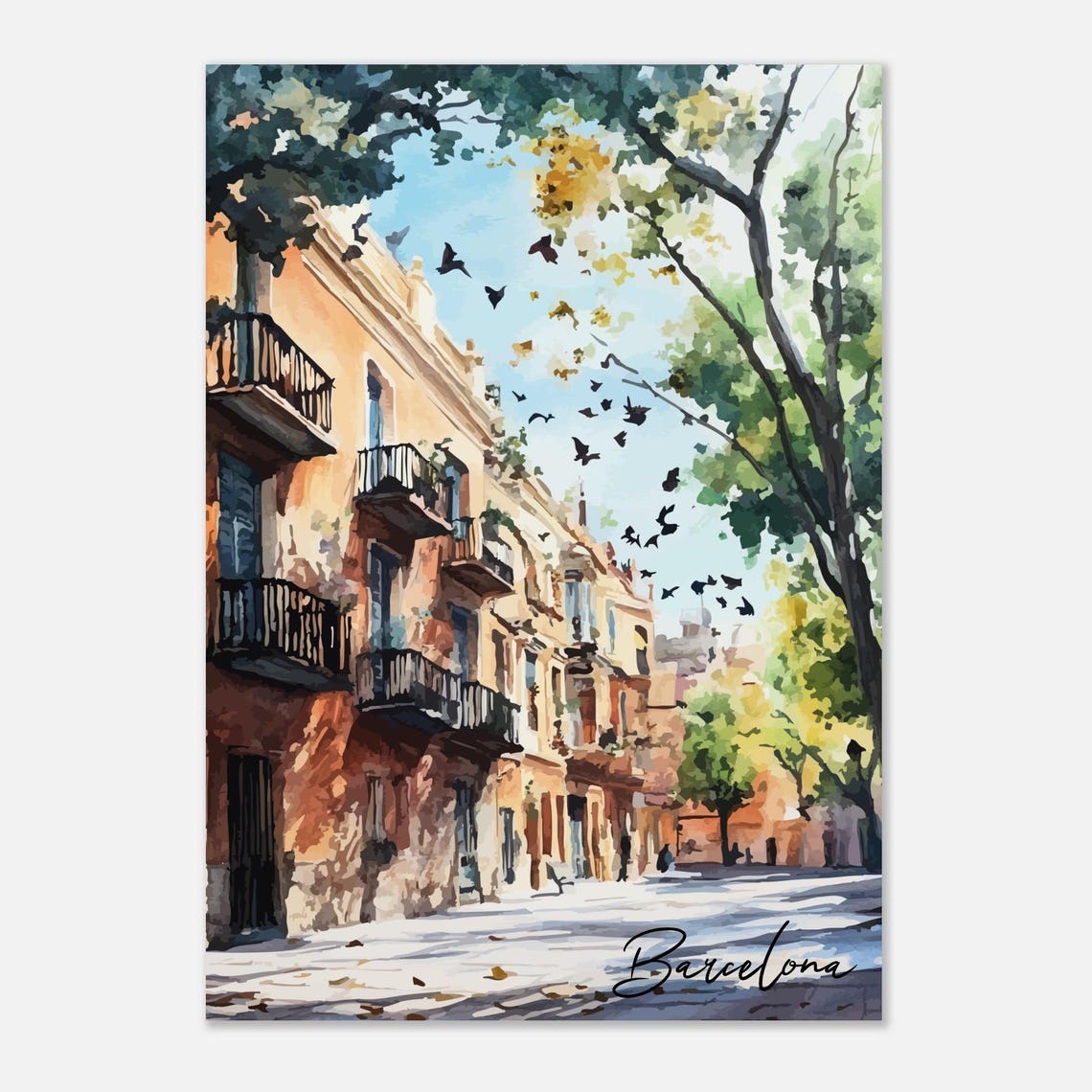 Barcelona Old Street Watercolor Spring Balconies Wall Poster - Image 2