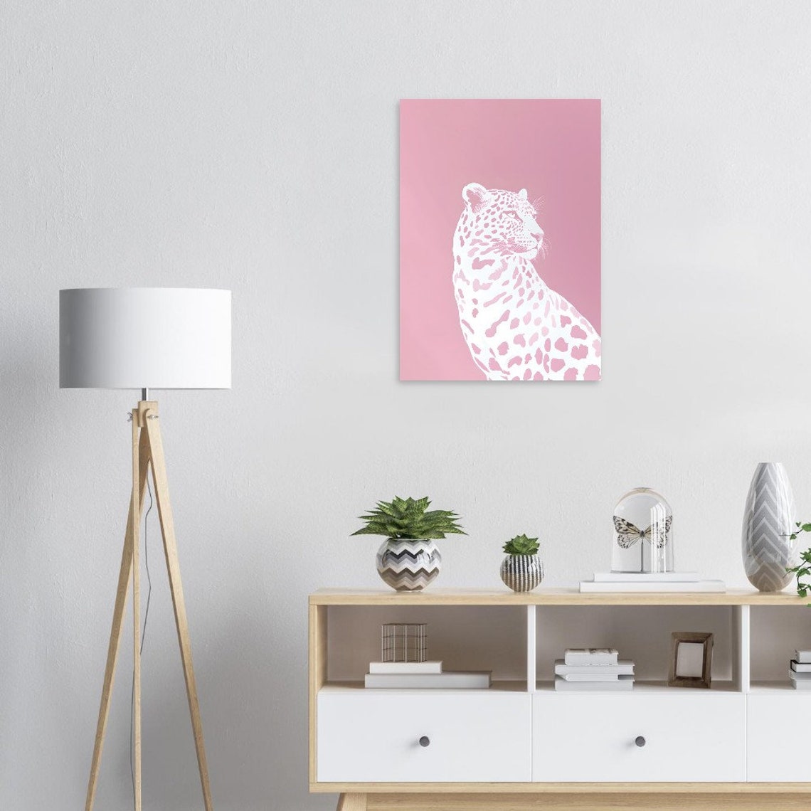 Minimalist White Leopard On Soft Pastel Pink Modern Decor Poster - Image 4