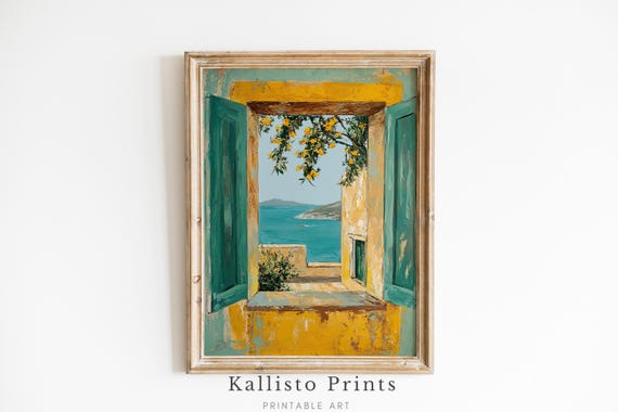 Mediterranean Window View Art Print, Greek Island