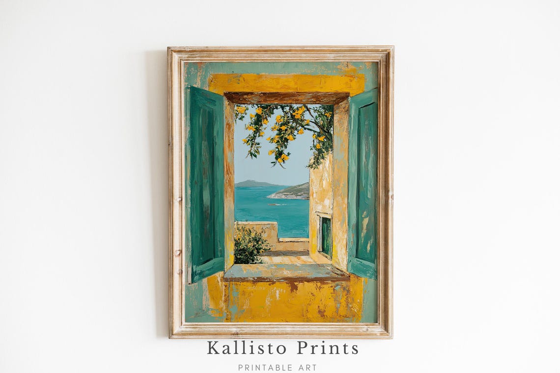 Mediterranean Window View Art Print, Greek Island