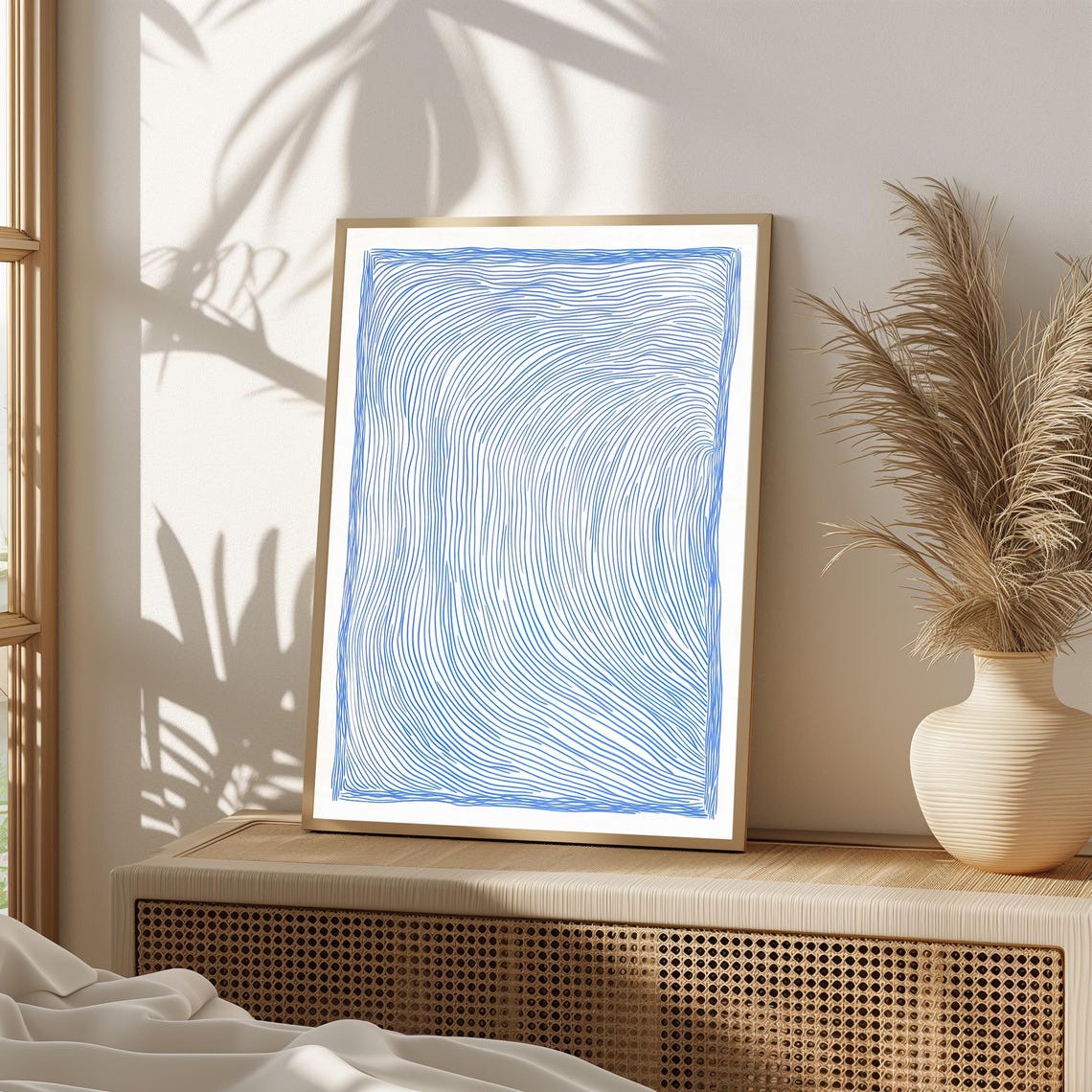 Minimalist Scandinavian Blue Wavy Line Abstract Modern Decor Print