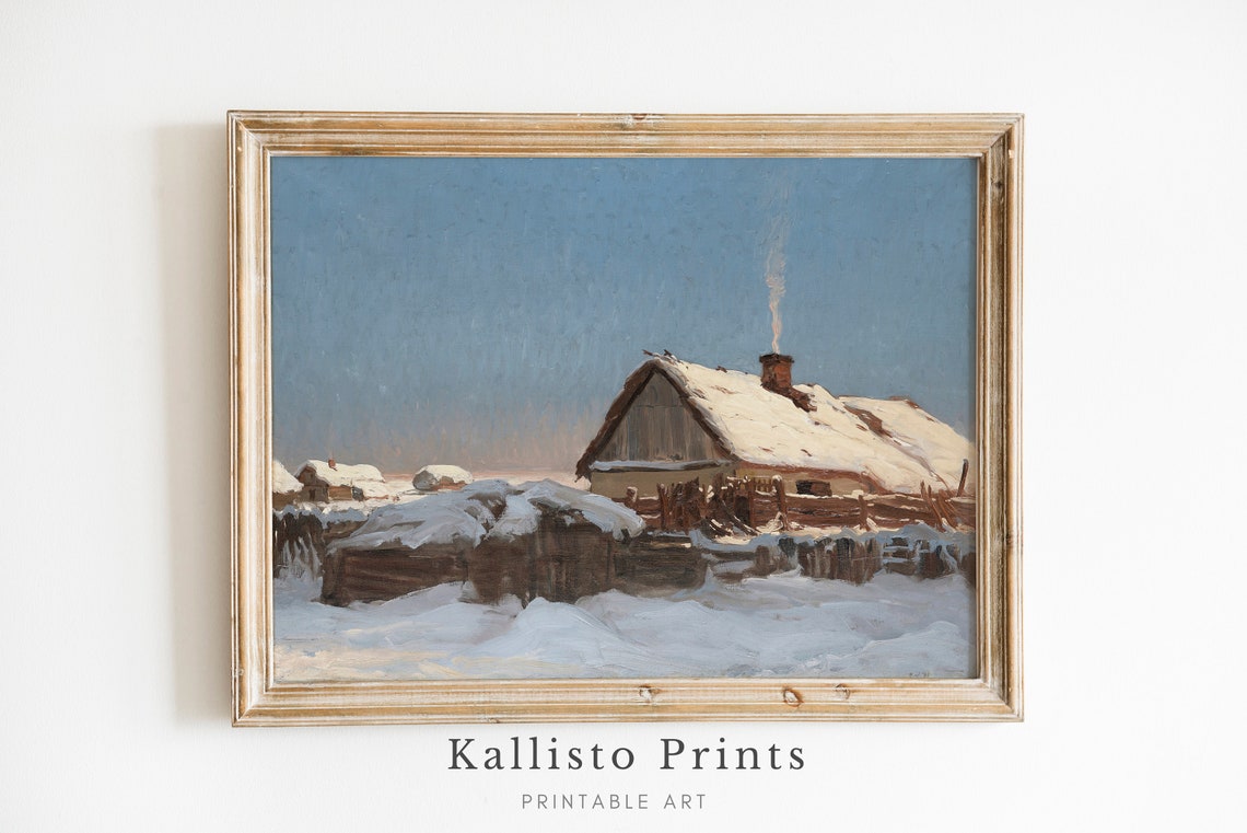 Cozy Snow Covered Cabin With Chimney Smoke Winter Morning Poster