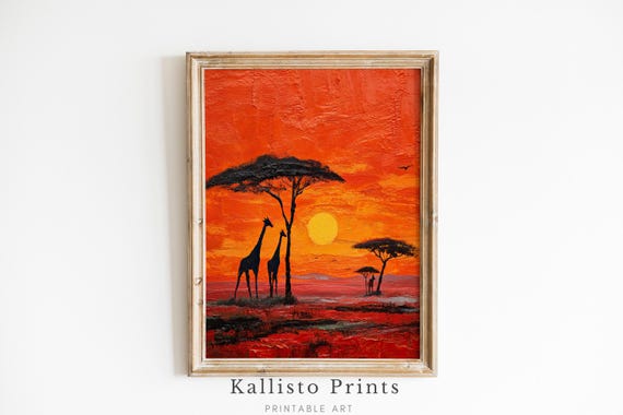 Safari Giraffe Sunset Wall Art Bold African Landscape Fiery Orange Wildlife Painting Boho Home 1186