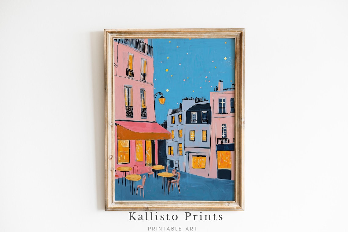 Paris Street Cafe Night Pink Building Glowing Windows String Lights Poster