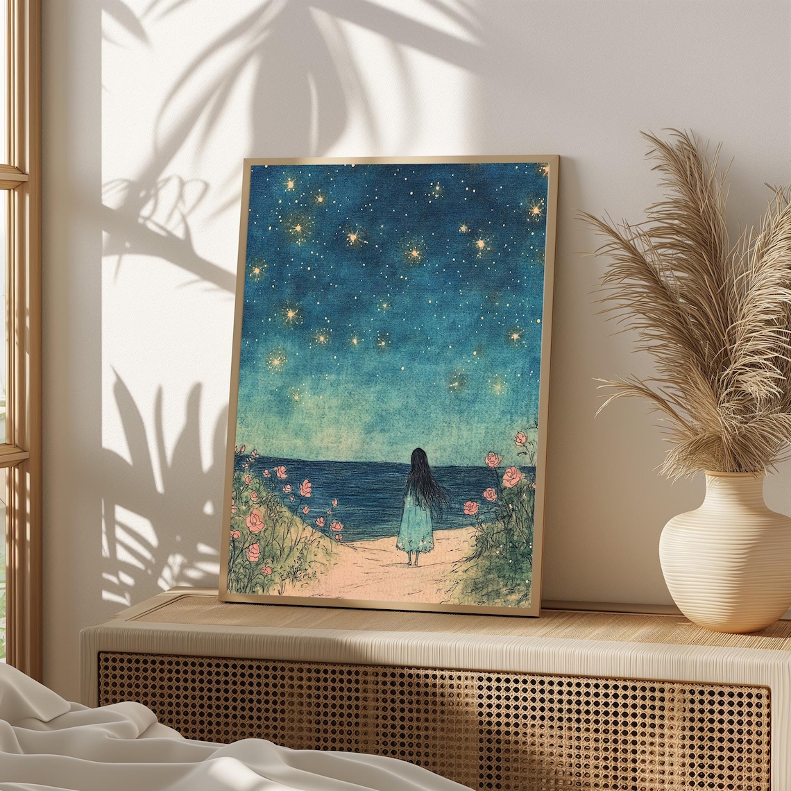 Lone Girl Under Starry Night Beach Flowers Dreamy Night Sky Poster