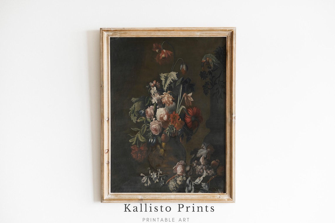Dark Baroque Still Life With Roses Parrot And Grapes Vintage Poster