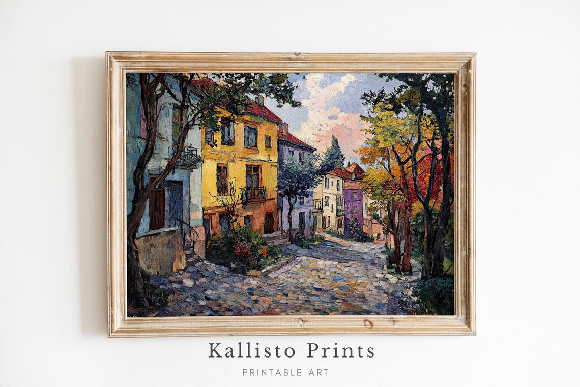 Colorful European Village Street Autumn Sunset Painting Poster