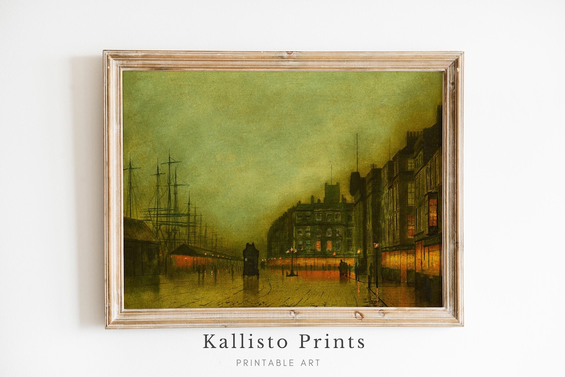 Vintage Harbor Cityscape Painting Moody Dockside Dusk Scene Poster