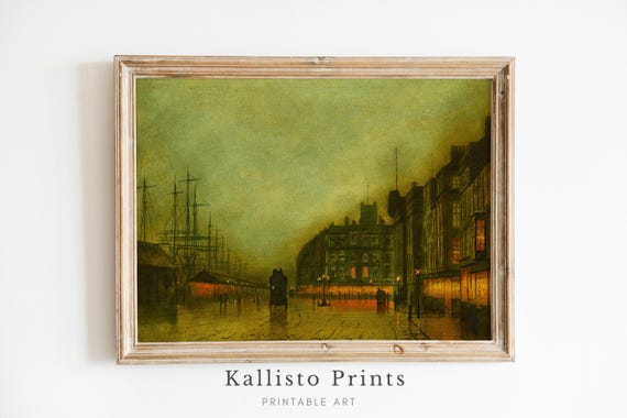 Vintage Harbor Cityscape Art Moody Dockside Scene At Dusk Historic Maritime Decor Download108