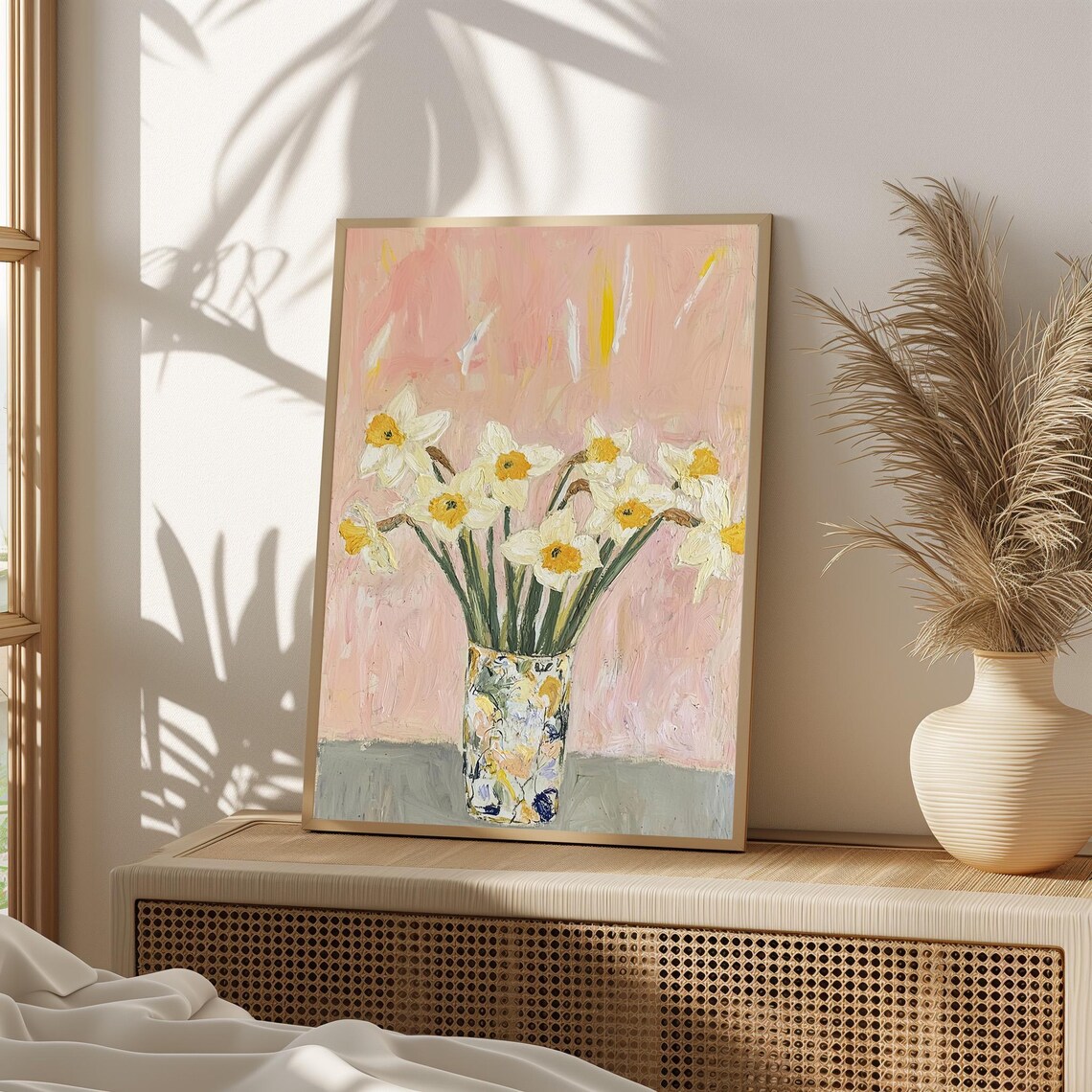 White Daffodils Vase Pink Background Spring Floral Art Poster