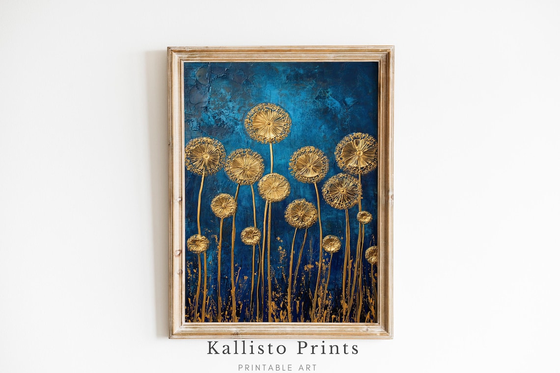 Tall Golden Dandelion Clocks Teal Blue Textured Botanical Wall Art