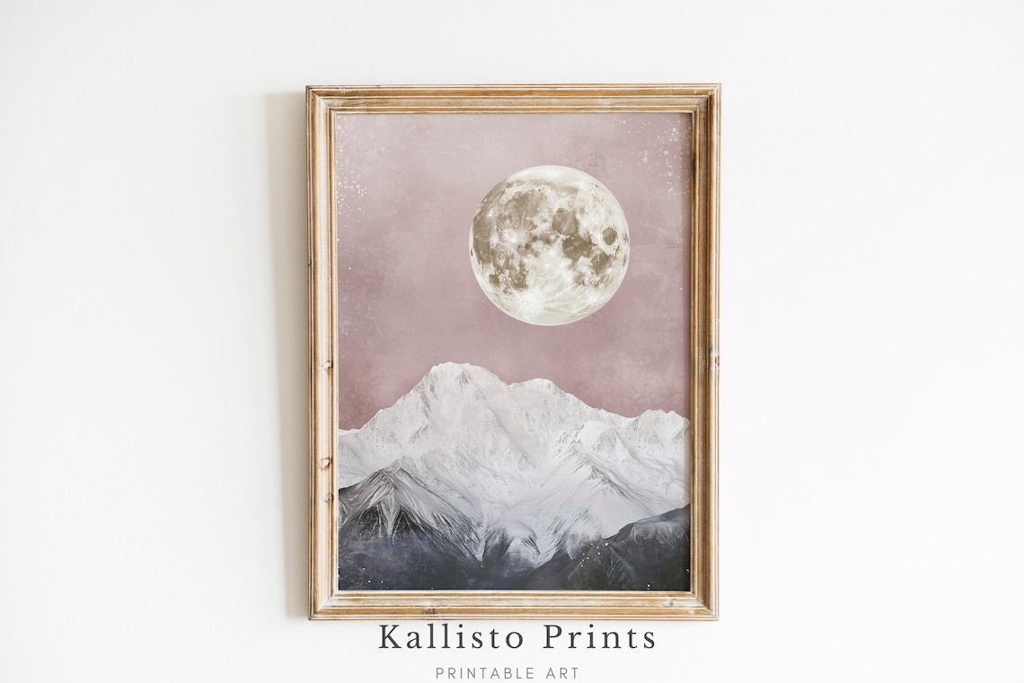 Dreamy Full Moon Snowy Peaks Mauve Night Sky Celestial Wall Art