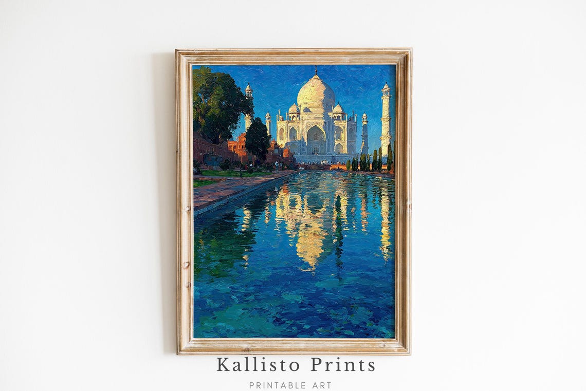 Taj Mahal Oil Painting Blue Reflection Romantic India Wall Art