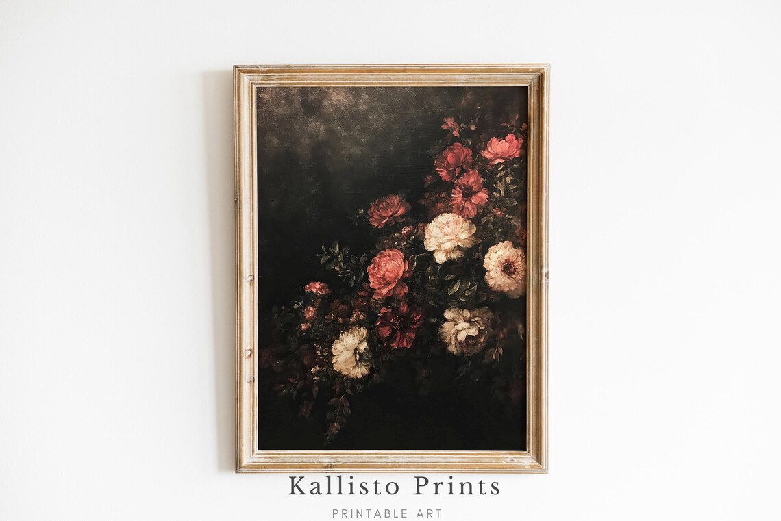 Dark Moody Vintage Floral Oil Painting Black Botanical Art Poster