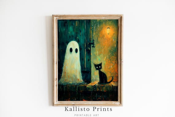 Cute Black Cat Halloween Art Spooky Whimsical Haunted Night Scene Cozy Gothic Home Decor Wall