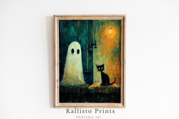 Cute Ghost And Black Cat In The Rain Cozy Halloween Night Poster
