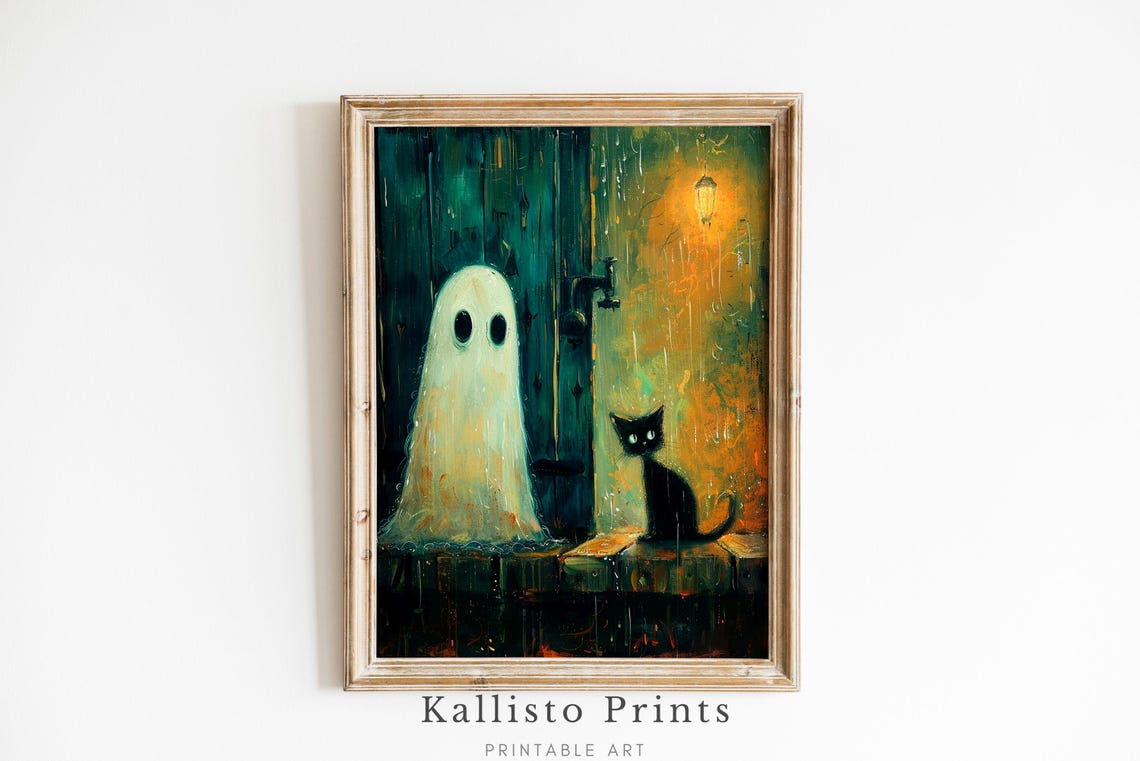 Cute Ghost And Black Cat In The Rain Cozy Halloween Night Poster