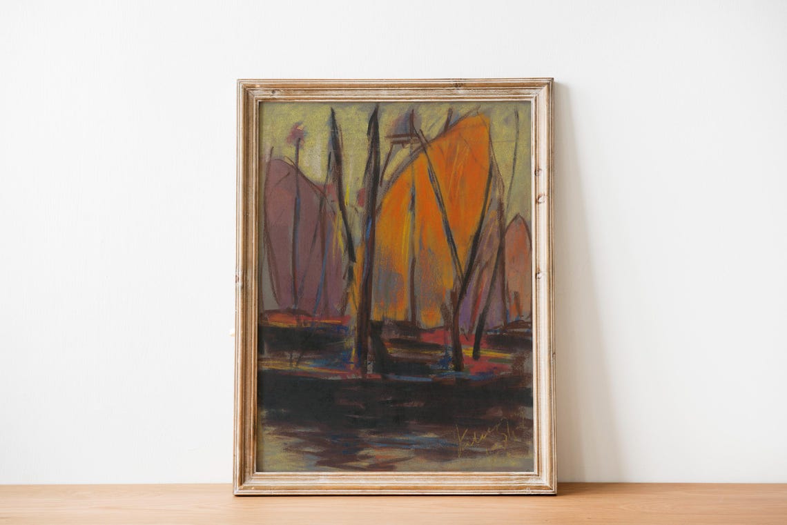 Impressionist Orange Sailboats Harbor Expressionist Nautical Poster