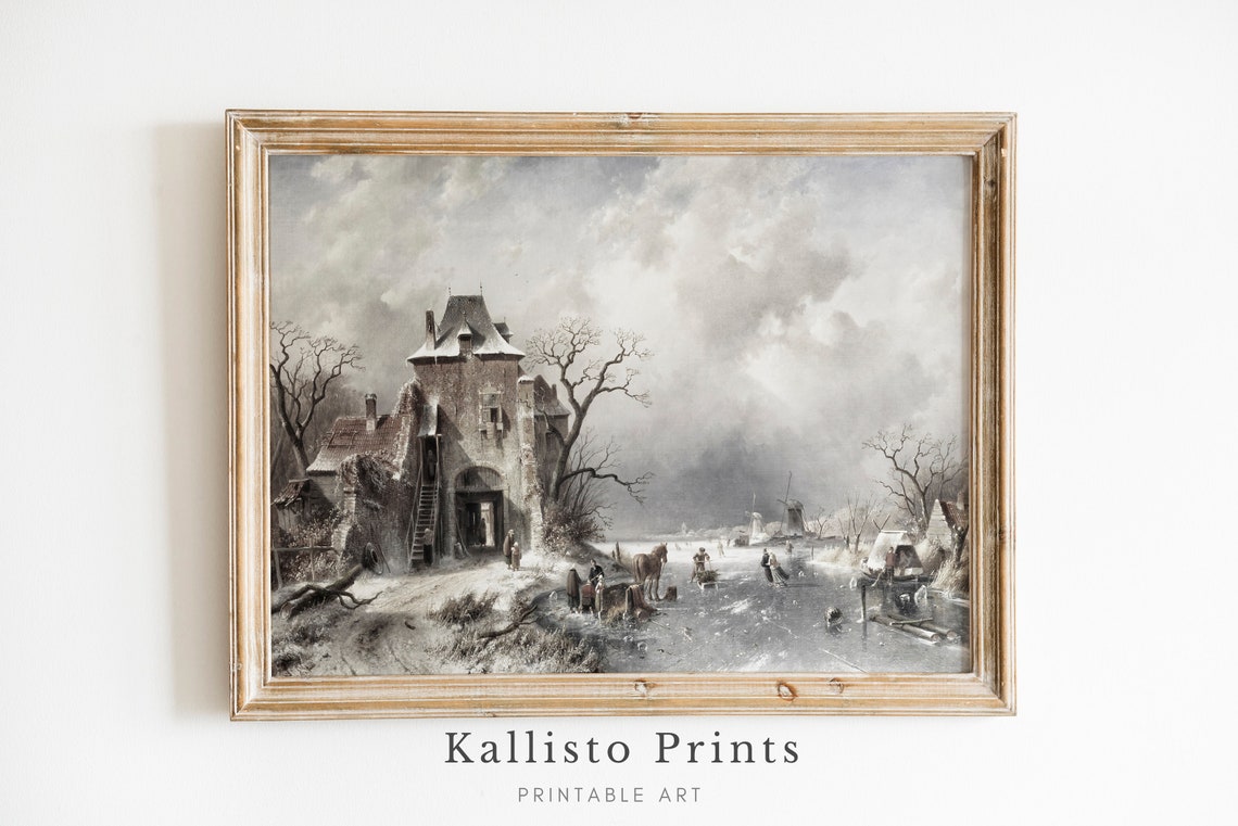 Historic Castle By Frozen Lake With Ice Skaters Winter Poster