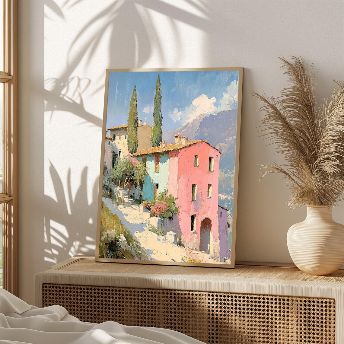 Italian Village Street Pink Houses Cypress Mediterranean Art Poster