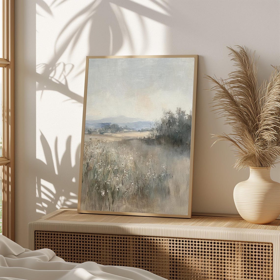 Soft Morning Misty Neutral Meadow Gray Blue Calm Landscape Wall Art