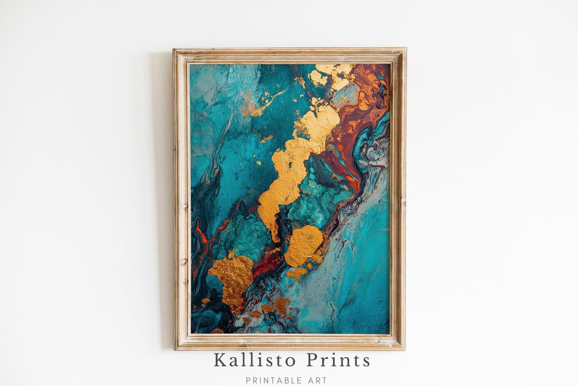 Elegant Teal Gold Fluid Marble Luxury Abstract Modern Wall Art