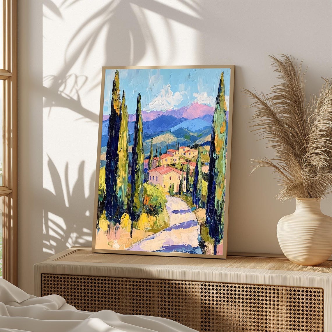 Tuscan Cypress Path Village Mountains Impressionist Art Poster