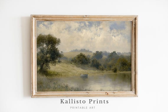 Calm Lake With Rolling Hills Landscape Print Peaceful Wall Art Rustic Farmhouse Decor Download812