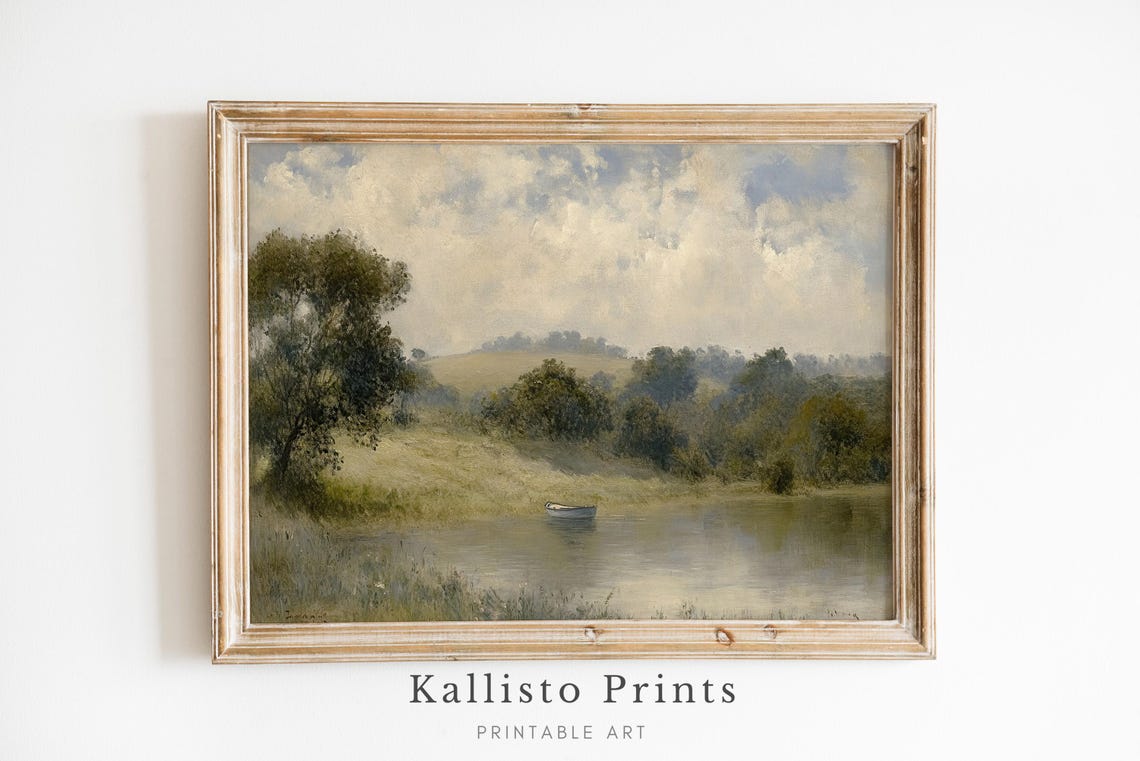 Calm Lake With Rolling Hills Small Boat And Soft Cloudscape Print