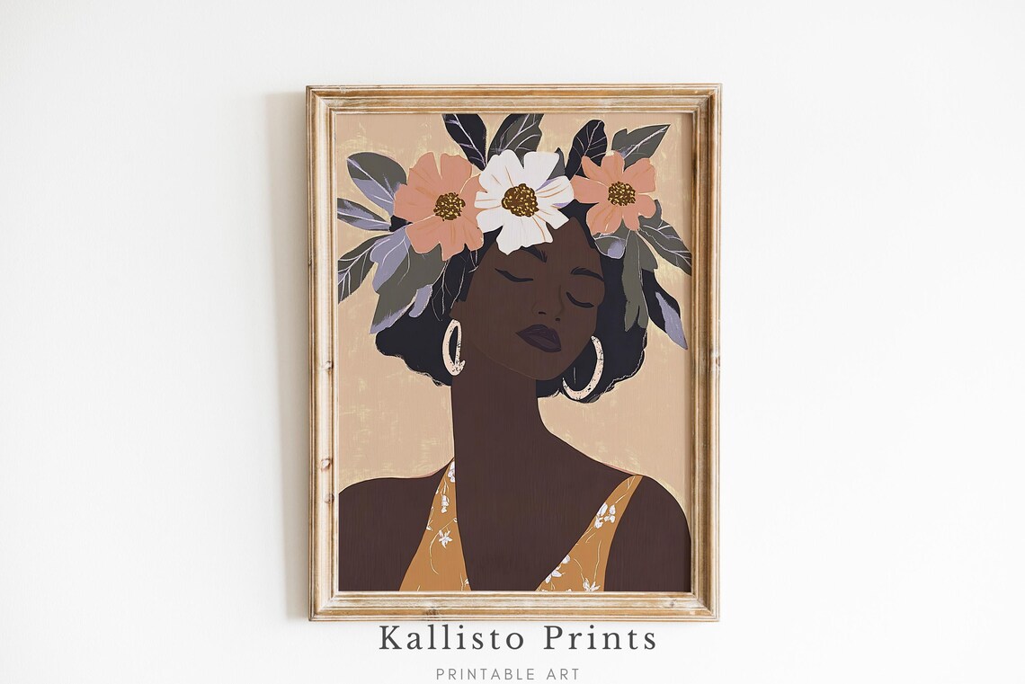 Boho Woman With Floral Crown Warm Earth Tones Feminine Portrait Print