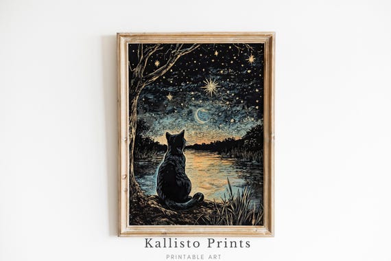 Black Cat Moonlight Art Mystical Night Sky Print Celestial Wall Gothic Decor Witchy 1089