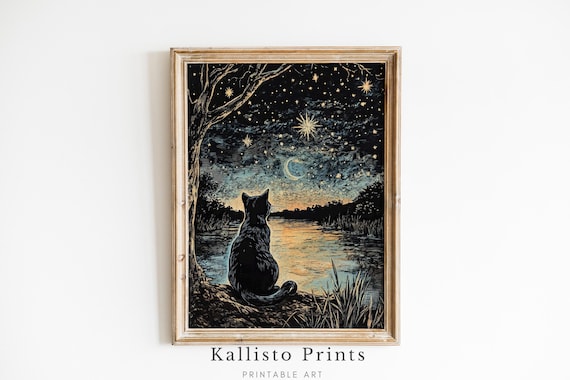 Black Cat Watching Moonlit Starry Night River Silhouette Poster