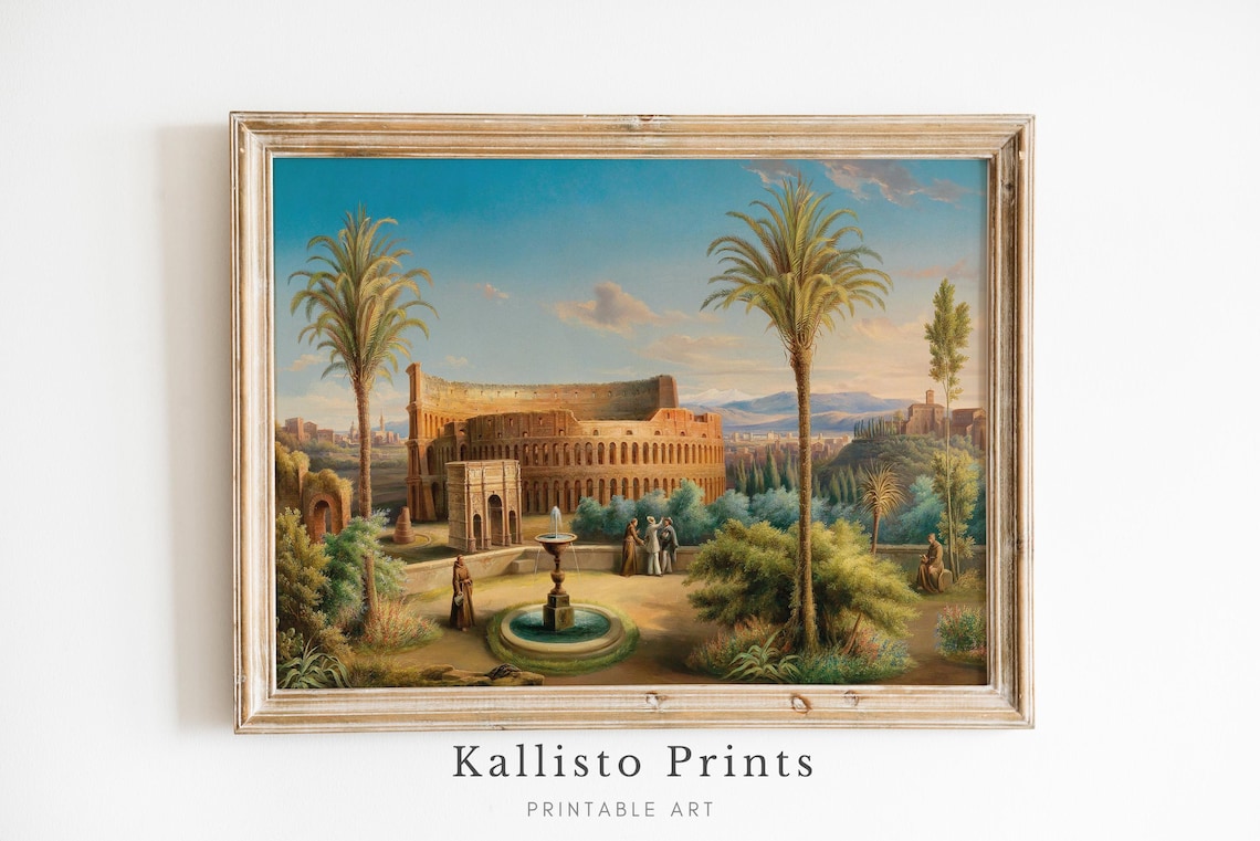 Colosseum Rome Ancient Amphitheatre With Palm Garden View Poster