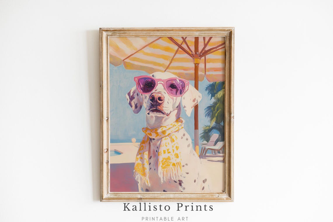 Dalmatian In Pink Sunglasses Yellow Scarf Poolside Summer Dog Poster