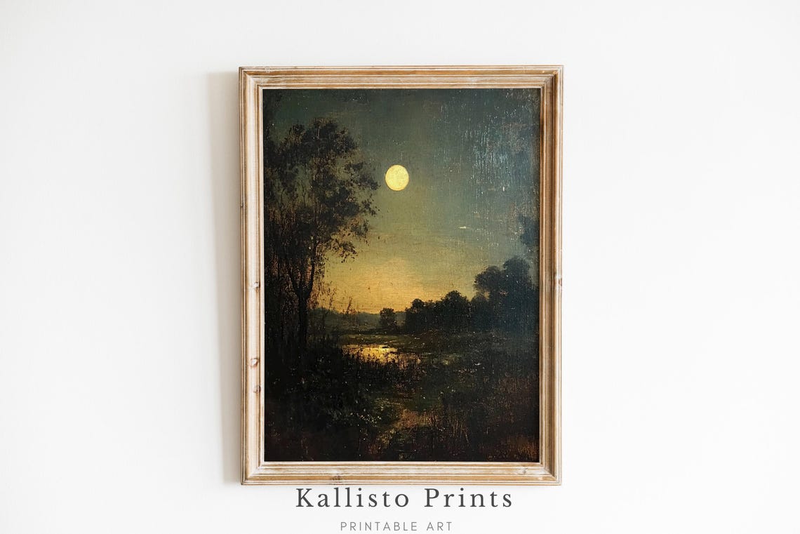 Moonlit Night Landscape Full Moon River Vintage Dark Wall Art