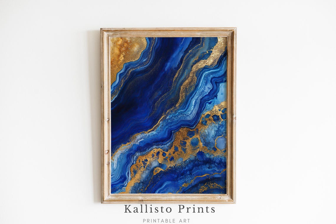 Cobalt Blue and Gold Fluid Marble Abstract Luxury Modern Wall Art