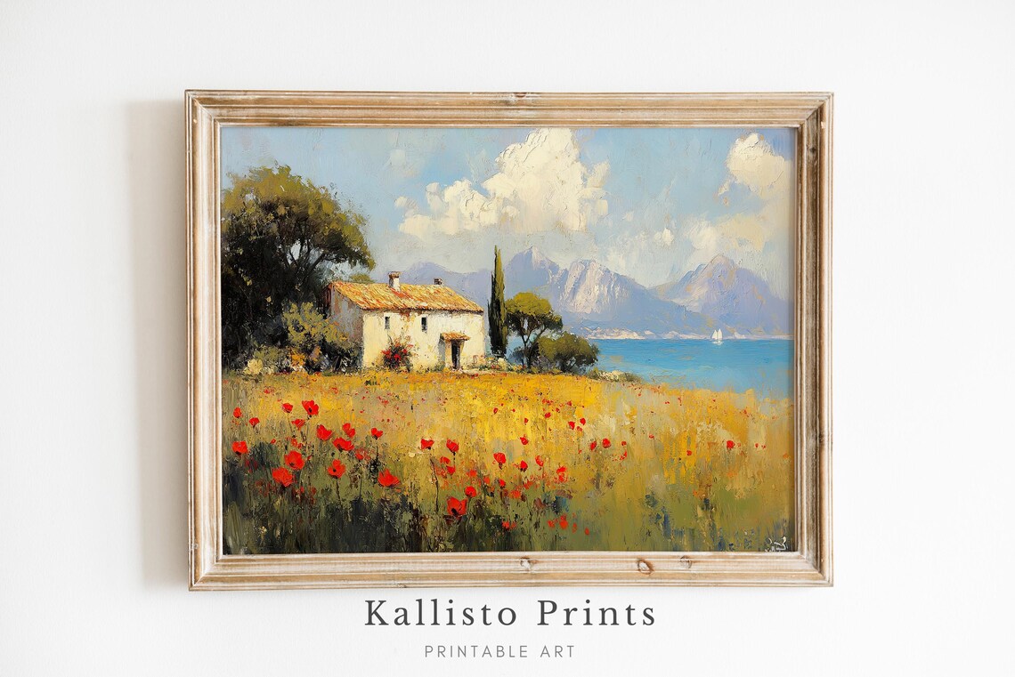 Rustic Cottage By The Sea With Poppy Field Mountains And Sailboat Print