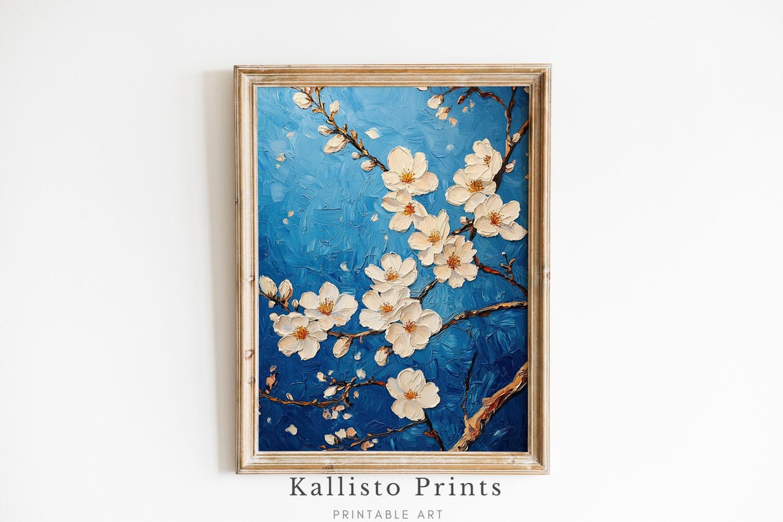 White Almond Blossom Blue Textured Impasto Floral Art Poster