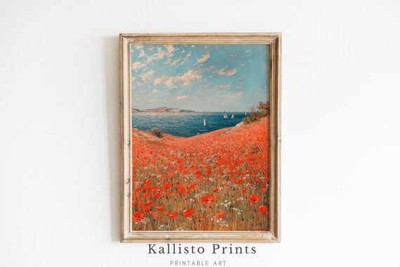 Red Poppy Field By The Sea Painting Vibrant Coastal Summer Poster