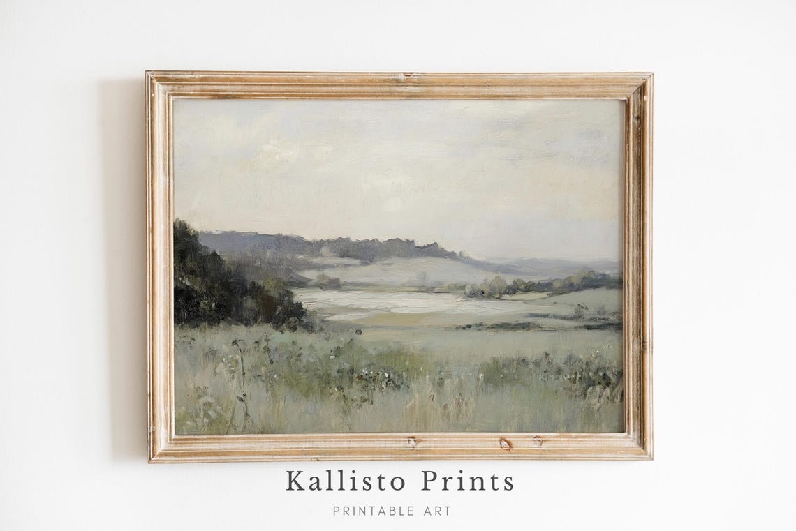 Rolling Hills With Tranquil Lake Misty Green Valley Landscape Print